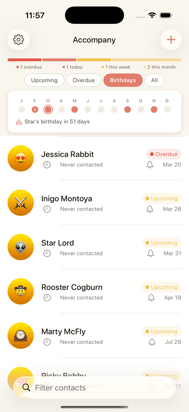 Accompany birthdays view with calendar