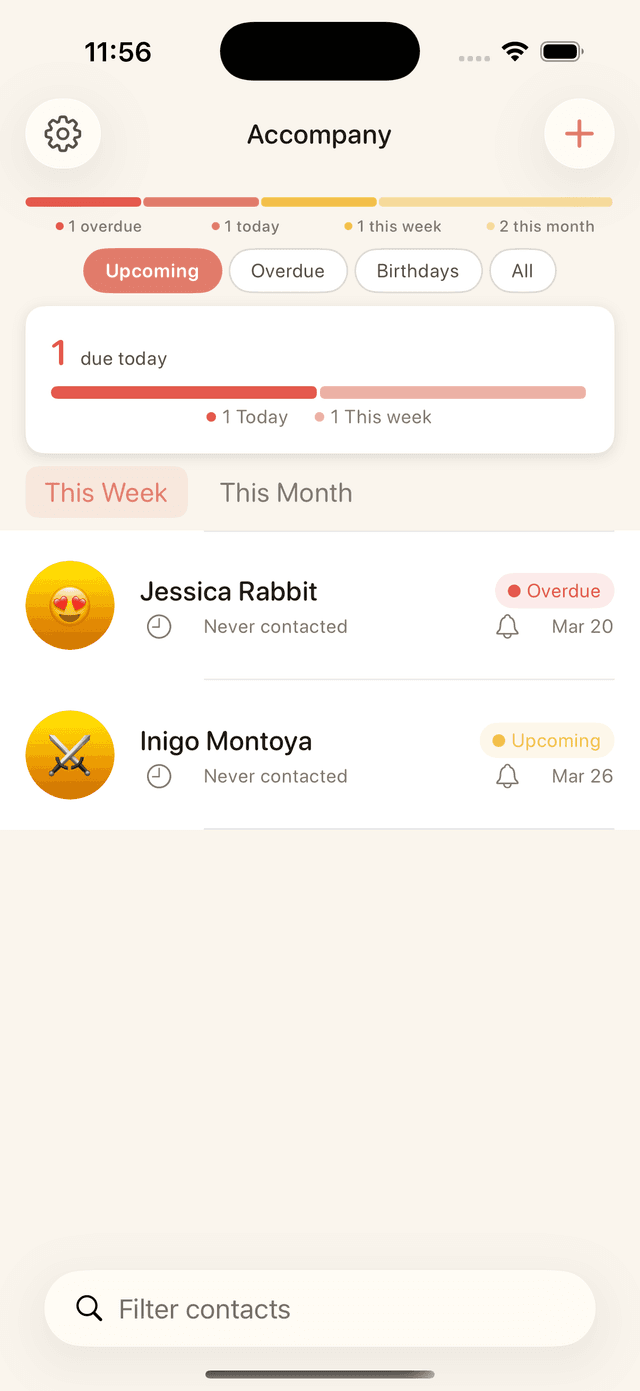 Accompany dashboard showing upcoming and overdue contacts