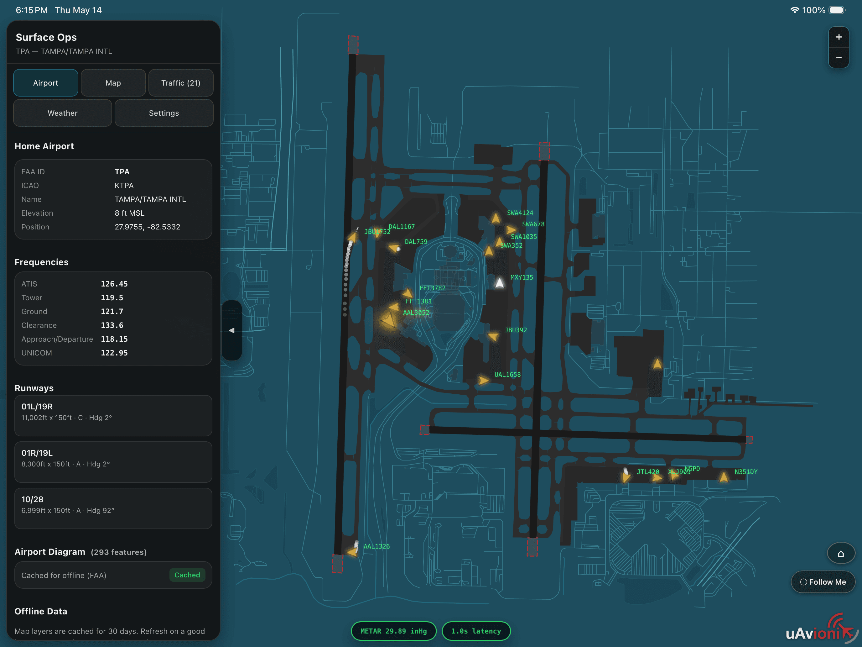 SurfaceOps airport panel on iPad showing home airport details, frequencies, runways, and offline diagram cache