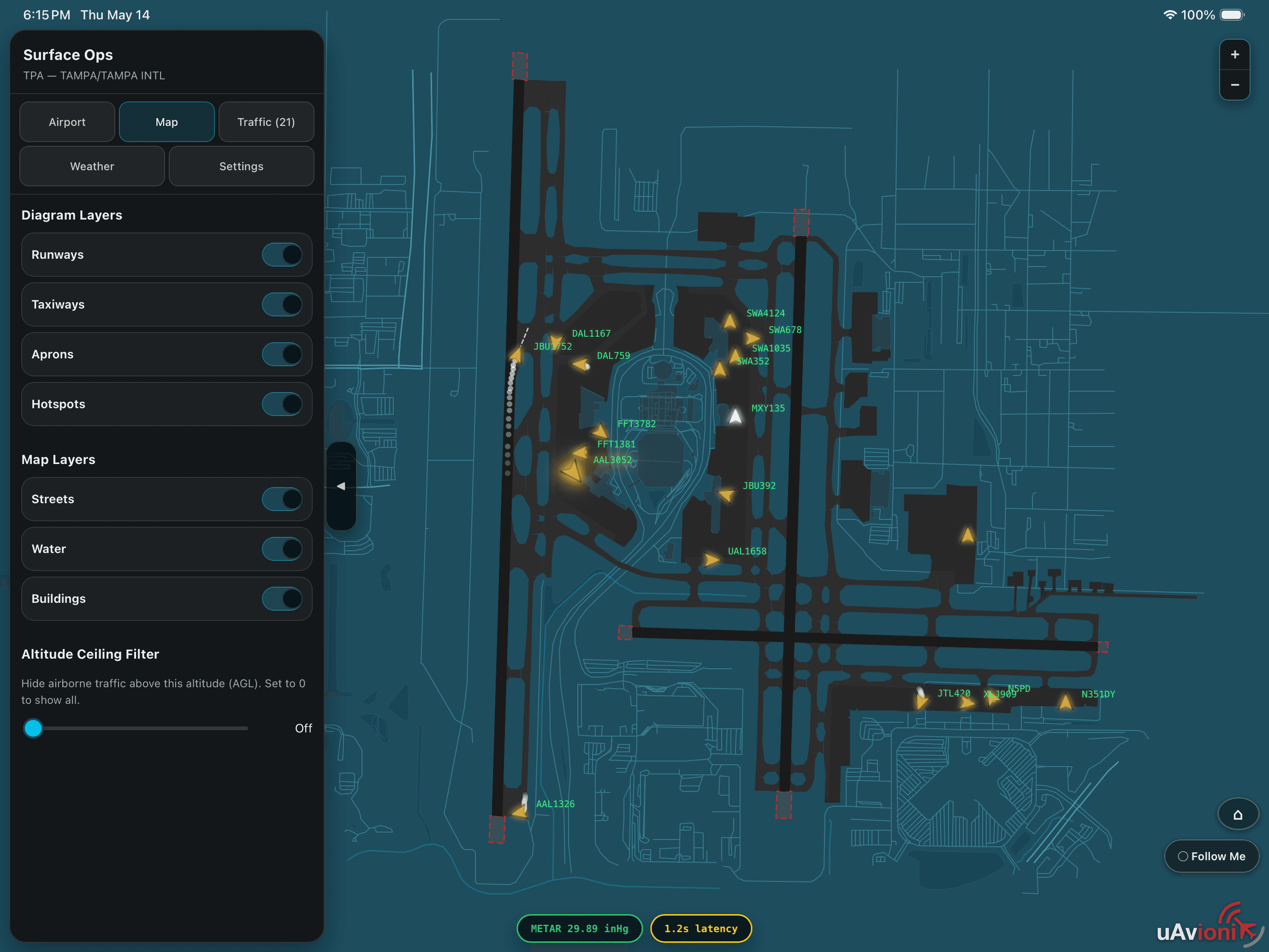 SurfaceOps map panel on iPad with toggles for runways, taxiways, aprons, hotspots, streets, water, and buildings