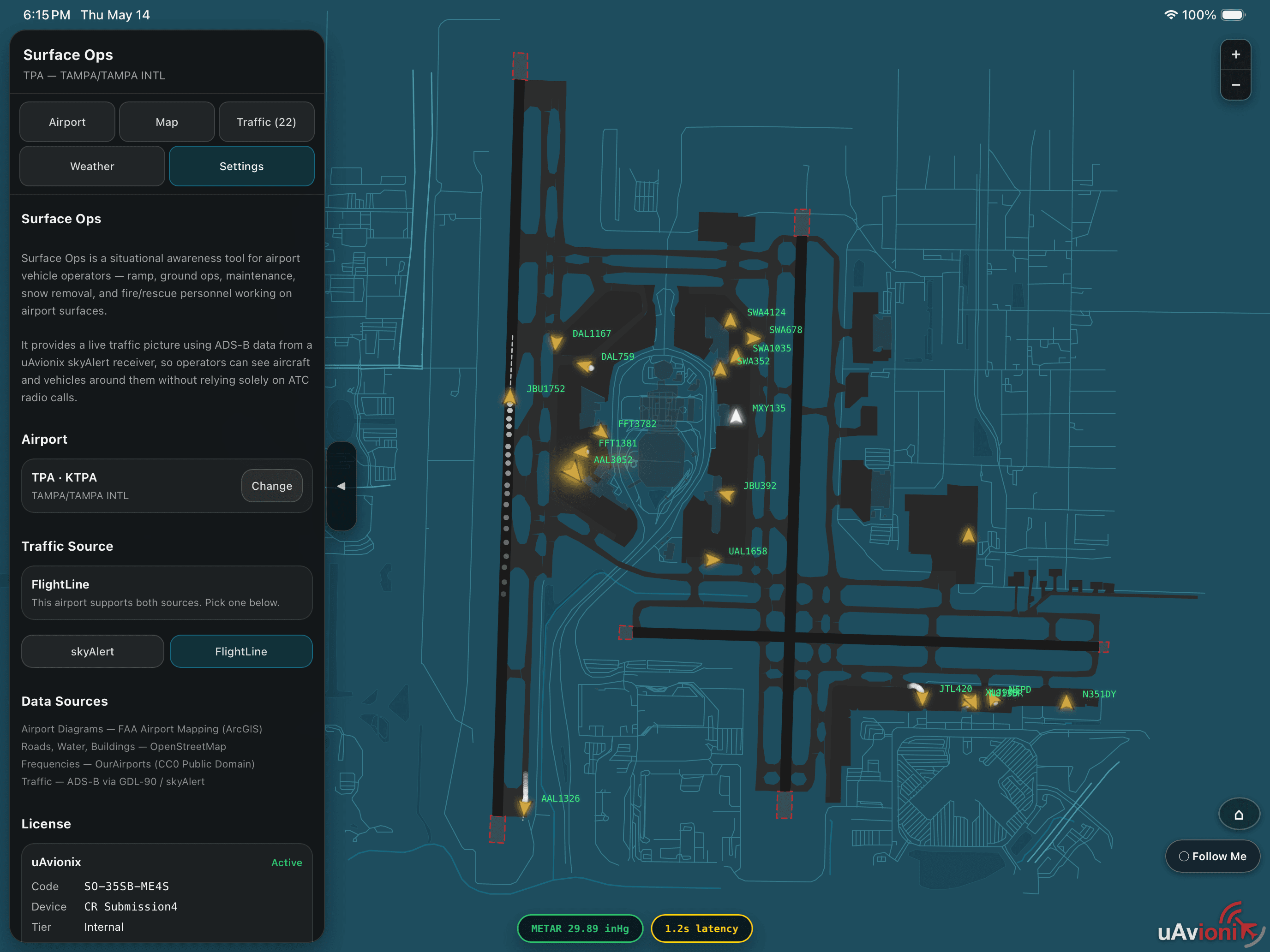 SurfaceOps settings panel on iPad showing airport selection, traffic source, data sources, and license