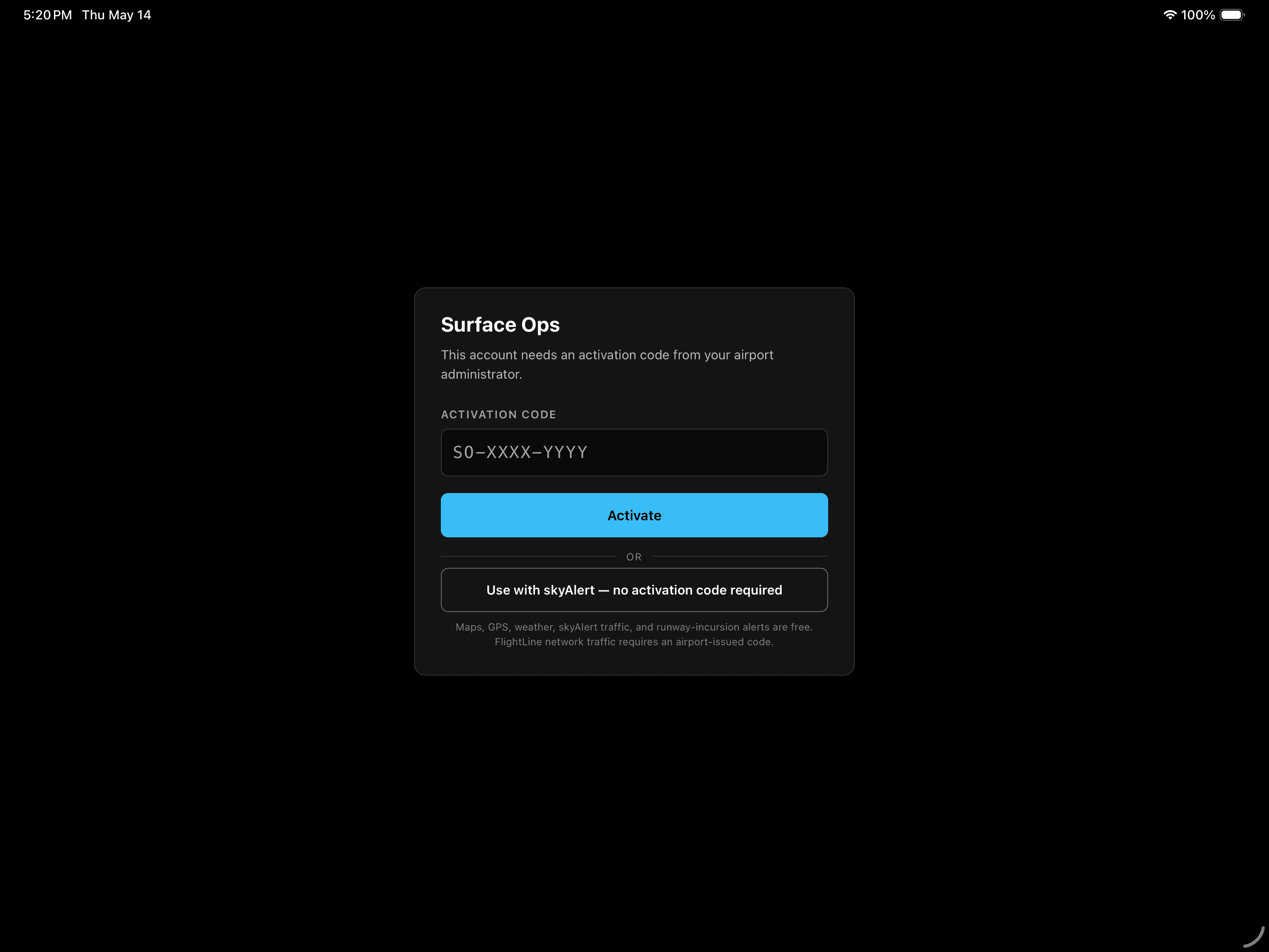 SurfaceOps activation code entry on iPad with option to skip when using skyAlert